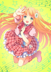 Rule 34 | 1girl, :d, amico, blonde hair, boots, bow, character doll, gradient background, green eyes, hair ornament, idol, jumping, lilco, long hair, looking at viewer, microphone, music, musical note, open mouth, original, outstretched arm, plaid, plaid skirt, puffy sleeves, quaver, reaching, red bow, skirt, smile, solo, star (symbol), two side up, yumekui