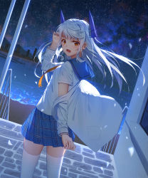 Rule 34 | 1girl, arm up, blue sailor collar, blue skirt, blush, brown eyes, cityscape, commentary request, dutch angle, fang, fingernails, from behind, headgear, highres, horizon, jacket, ji dao ji, le fantasque (warship girls r), long hair, long sleeves, looking at viewer, looking back, night, night sky, ocean, off shoulder, open mouth, outdoors, plaid, plaid skirt, pleated skirt, railing, sailor collar, school uniform, serafuku, shirt, short sleeves, silver hair, skirt, sky, solo, standing, star (sky), starry sky, thighhighs, very long hair, warship girls r, water, white jacket, white shirt, white thighhighs, window