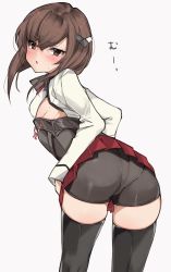 Rule 34 | 1girl, ass, bike shorts, black thighhighs, blush, breasts, brown hair, chigasaki yukari, hair between eyes, head tilt, headband, headgear, highres, kantai collection, long sleeves, looking at viewer, panties, pantylines, parted lips, red skirt, short hair, short shorts, shorts, simple background, skirt, small breasts, solo, sweat, taihou (kancolle), thighhighs, translation request, underwear, white background