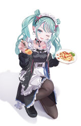 Rule 34 | 1girl, absurdres, alternate costume, apron, aqua eyes, aqua hair, black dress, black pantyhose, blush, chest tattoo, choker, curly hair, dress, earrings, enmaided, food, fork, full body, green hair, hatsune miku, highres, holding, holding fork, incoming food, jewelry, kneeling, maid, maid apron, maid headdress, nail polish, o-ring, o-ring choker, omelet, omurice, one eye closed, open mouth, pantyhose, project sekai, smile, solo, tattoo, twintails, vivid bad squad miku, vocaloid, vs0mr, white background