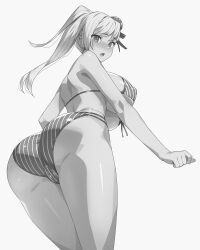 Rule 34 | 1girl, ass, ass focus, asymmetrical hair, bikini, blush, breasts, bun cover, cameltoe, commentary, covered erect nipples, embarrassed, fate/grand order, fate (series), from behind, from below, furrowed brow, grey background, greyscale, hair bun, large breasts, leaning forward, long hair, looking at viewer, looking back, miyamoto musashi (fate), miyamoto musashi (fate/grand order), miyamoto musashi (swimsuit berserker) (fate), miyamoto musashi (swimsuit berserker) (second ascension) (fate), monochrome, multi-strapped bikini, munashi mujou, open mouth, simple background, single side bun, single sidelock, solo, standing, string bikini, striped bikini, striped clothes, swimsuit