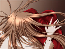 Rule 34 | 00s, 1girl, azuma hatsumi, back, blood, brown hair, carnelian, death, game cg, gradient background, long hair, morrow (hitodama-x), murder, solo, torn clothes, vector trace, yami to boushi to hon no tabibito