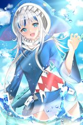 Rule 34 | 1girl, :d, animal costume, animal hood, aqua nails, blue eyes, blue hair, blue hoodie, blunt bangs, blush, claw pose, fingernails, fins, fish tail, gawr gura, gawr gura (1st costume), highres, hololive, hololive english, hood, hoodie, light rays, long hair, long sleeves, looking at viewer, mint mia, multicolored hair, nail polish, open mouth, pocket, polearm, shark costume, shark girl, shark hood, shark print, shark tail, sharp teeth, silver hair, smile, solo, streaked hair, summer, sunlight, tail, teeth, trident, v-shaped eyebrows, virtual youtuber, wading, water, weapon, wide sleeves