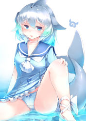 Rule 34 | 10s, 1girl, :p, absurdres, blue dress, blue eyes, blue panties, cetacean tail, common bottlenose dolphin (kemono friends), dress, fins, fish tail, frilled dress, frills, gradient hair, green eyes, hair between eyes, highres, japari symbol, kanzakietc, kemono friends, long hair, looking at viewer, multicolored hair, panties, sailor dress, sitting, solo, spread legs, tail, tongue, tongue out, underwear, water