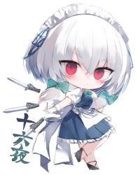 Rule 34 | 1girl, black footwear, blue dress, blush, bow, chibi, closed mouth, commentary request, dress, frilled dress, frills, full body, green bow, grey hair, hair between eyes, hair bow, high heels, izayoi sakuya, knife, kotatu (akaki01aoki00), looking at viewer, pleated dress, puffy short sleeves, puffy sleeves, red eyes, shirt, shoes, short sleeves, simple background, sleeveless, sleeveless dress, solo, touhou, white background, white hair, white shirt