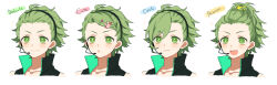 Rule 34 | &gt;:), 1boy, :o, alternate hairstyle, biskekun, black vest, closed mouth, green eyes, green hair, green theme, hair ornament, headset, highres, idolmaster, idolmaster side-m, looking at viewer, male focus, mitarai shouta, open mouth, rabbit hair ornament, short hair, smile, solo, v-shaped eyebrows, vest