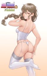 Rule 34 | 1girl, ass, bad id, bad twitter id, bare arms, bare shoulders, breasts, brown eyes, brown hair, cheshirrr, copyright name, floating hair, from behind, gradient background, hair between eyes, highres, looking at viewer, looking back, medium breasts, oh mai tiara, panties, smile, solo, standing, standing on one leg, thighhighs, underwear, white panties, white thighhighs