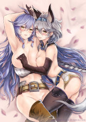 Rule 34 | 10s, 2girls, after kiss, animal ears, areola slip, armpits, arms up, ass, black gloves, braid, grabbing another&#039;s breast, breast press, breasts, chrone, clothes down, collarbone, crop top, elbow gloves, erune, gloves, grabbing, granblue fantasy, groin, heles, highres, holding hands, large breasts, long hair, looking at viewer, midriff, multiple girls, nipples, no panties, saliva, saliva trail, silva (granblue fantasy), silver hair, single braid, thighhighs, thighs, topless, twin braids, very long hair, wavy hair, yellow eyes, yuri