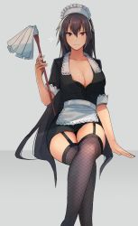 Rule 34 | 1girl, alternate costume, black dress, black hair, black thighhighs, breasts, cleavage, closed mouth, collarbone, dress, enmaided, feet out of frame, garter straps, hair between eyes, kantai collection, kasumi (skchkko), large breasts, long hair, maid, maid headdress, nagato (kancolle), red eyes, short sleeves, smile, solo, thighhighs