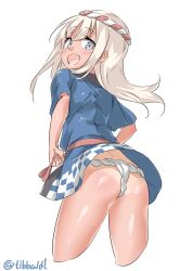 Rule 34 | 10s, 1girl, :d, ass, back, bad id, bad twitter id, blue eyes, blush, cowboy shot, cropped legs, ebifurya, eyebrows, fang, flat ass, from behind, fundoshi, hachimaki, happi, headband, highres, inactive account, japanese clothes, kantai collection, long hair, looking at viewer, looking back, nejiri hachimaki, no pants, open mouth, ro-500 (kancolle), sash, short sleeves, simple background, smile, solo, tan, tanline, twitter username, white background, white hair