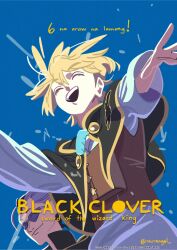 Rule 34 | 2boys, :d, artist request, black capelet, black clover, black clover: sword of the wizard king, blonde hair, blue sky, capelet, closed eyes, countdown, feet out of frame, from below, happy, highres, language request, looking at another, luck voltia, magna swing, male focus, multiple boys, official art, open mouth, outstretched arms, short hair, sky, smile, spread arms, sunglasses, unfinished