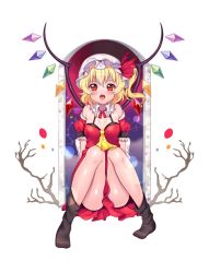 Rule 34 | 1girl, bad id, bad pixiv id, bare shoulders, blonde hair, blush, breasts, detached collar, detached puffy sleeves, fangs, flandre scarlet, frills, hat, long hair, loose socks, melsocoon, open mouth, side ponytail, small breasts, socks, solo, tongue, tongue out, touhou, white background, wings