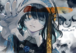 Rule 34 | 1girl, bags under eyes, black hair, blood, blood on hands, blue flower, character request, copyright request, english text, fingernails, floral print, flower, hashtag, highres, indie virtual youtuber, long hair, parted lips, smeared blood, solo, stitches, teeth, toro3, virtual youtuber, yellow eyes