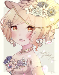 Rule 34 | 1girl, alternate hairstyle, artist name, artist request, back bow, blonde hair, blush, bow, breasts, brown eyes, cleavage, collarbone, dress, earrings, female focus, flower, frilled dress, frills, gloves, hair between eyes, hair bobbles, hair ornament, hairclip, hat, hat flower, hat ribbon, highres, jewelry, long hair, looking at viewer, love live!, love live! nijigasaki high school idol club, love live! school idol festival, love live! school idol festival all stars, miyashita ai, necklace, orange eyes, parted lips, pearl necklace, pink bow, pink dress, pink hat, pink ribbon, plaid, plaid dress, pleated, pleated dress, ribbon, short hair, sleeveless, sleeveless dress, small breasts, smile, solo, strapless, strapless dress, striped, striped bow, upper body, white gloves, yellow eyes