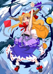 Rule 34 | 1girl, :d, ball, blue dress, bow, bowtie, brown eyes, chain, cube, dress, female focus, golden pe done, hair bow, horns, ibuki suika, layered dress, looking at viewer, oekaki, oni, open mouth, orange hair, red bow, red bowtie, shoes, smile, solo, touhou, triangle
