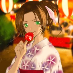 Rule 34 | 1girl, aerith gainsborough, festival, final fantasy, final fantasy vii, final fantasy vii remake, food, green eyes, hair ribbon, highres, holding, holding food, izumi xx uo, japanese clothes, kimono, looking at viewer, parted bangs, parted lips, pink ribbon, ribbon, solo, square enix, tongue, tongue out, updo, upper body