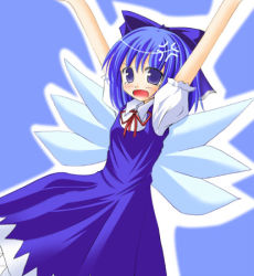 Rule 34 | 1girl, blue background, blue theme, bow, cirno, embodiment of scarlet devil, female focus, lowres, solo, touhou, wings