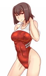 Rule 34 | 10s, 1girl, breasts, brown eyes, brown hair, competition swimsuit, covered erect nipples, highres, hyuuga (kancolle), kantai collection, kunashiri (etorofu), large breasts, one-piece swimsuit, shiny skin, short hair, simple background, solo, swimsuit, white background
