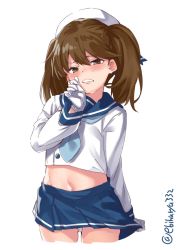 Rule 34 | 1girl, blue neckwear, blue ribbon, blue sailor collar, blue skirt, blush, breasts, brown eyes, brown hair, buttons, clothes pull, cosplay, cowboy shot, ebifurya, etorofu (kancolle), etorofu (kancolle) (cosplay), gloves, hair between eyes, hat, highres, kantai collection, long sleeves, looking at viewer, microskirt, nose blush, open mouth, panties, pleated skirt, ribbon, ryuujou (kancolle), sailor collar, sailor hat, school uniform, serafuku, simple background, skirt, skirt pull, small breasts, solo, twintails, undersized clothes, underwear, wavy mouth, white background, white gloves, white hat, white panties