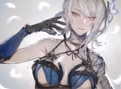 Rule 34 | 1girl, arm warmers, asymmetrical hair, bandaged arm, bandaged neck, bandages, bare shoulders, black gloves, braid, breasts, closed mouth, commentary, dutch angle, falling petals, flower, gloves, hair between eyes, hair flower, hair ornament, highres, kaine (nier), large breasts, lingerie, long hair, looking at viewer, lunar tear, moony (mogmogmelt), nier, nier (series), petals, red eyes, single bare shoulder, single sidelock, solo, underwear, upper body