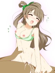 Rule 34 | 10s, 1boy, 1girl, blush, bottomless, bra, breasts, cum, cum in pussy, dark-skinned male, dark skin, ejaculation, closed eyes, feitonokesin, girl on top, grey hair, hetero, highres, long hair, love live!, love live! school idol project, minami kotori, moaning, nipples, nude, open mouth, penis, pussy, sex, solo focus, text focus, uncensored, underwear, vaginal