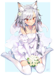 Rule 34 | 1girl, animal ear fluff, animal ears, bare shoulders, blush, bouquet, bridal veil, bride, commentary request, commission, dress, earrings, elbow gloves, flower, gloves, grey hair, high heels, highres, hizuki hino, holding, holding bouquet, indie virtual youtuber, jewelry, long hair, looking at viewer, matsuda (matsukichi), necklace, off-shoulder dress, off shoulder, orange eyes, pixiv commission, sitting, smile, solo, thighhighs, tiara, veil, very long hair, wariza, wedding dress, white dress, white flower, white footwear, white gloves, white thighhighs, wolf ears