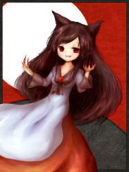 Rule 34 | 1girl, amano jack, animal ears, bad id, bad pixiv id, brooch, brown hair, dress, fang, fingernails, full moon, highres, imaizumi kagerou, jewelry, long fingernails, long hair, long sleeves, moon, open mouth, red eyes, smile, solo, touhou, wolf ears