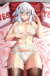Rule 34 | 1girl, absurdres, bed, black thighhighs, blush, boku no hero academia, bra, breasts, castell, closed mouth, collarbone, commentary, english commentary, garter straps, glasses, hair between eyes, highres, large breasts, looking at viewer, lying, multicolored hair, navel, on back, on bed, panties, red hair, short hair, skindentation, smile, solo, sweatdrop, thighhighs, thighs, todoroki fuyumi, underwear, white bra, white hair, white panties