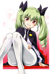 Rule 34 | 10s, 1girl, anchovy (girls und panzer), arm support, ass, black necktie, black ribbon, black skirt, blush, cape, dress shirt, drill hair, girls und panzer, gradient background, grin, hair ribbon, highres, kumoi takashi, long hair, long sleeves, looking at viewer, miniskirt, necktie, no shoes, out of frame, outside border, pantyhose, pleated skirt, red background, ribbon, school uniform, shirt, sitting, skirt, smile, solo, twin drills, twintails, white pantyhose, white shirt