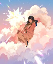 Rule 34 | 1girl, animal, artist name, bare legs, black hair, blush, cat, closed eyes, closed mouth, cloud, cloudy sky, commission, dress, eyelashes, frilled dress, frilled sleeves, frills, highres, holding, holding animal, hug, jauni (tofublock), long hair, long sleeves, on cloud, original, pink dress, puffy sleeves, sky, smile, sparkle, star (sky), starry sky, twitter username