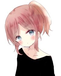 Rule 34 | 1girl, :o, bad id, bad pixiv id, black shirt, blush, brown hair, collarbone, earrings, grey eyes, head tilt, jewelry, looking at viewer, original, parted lips, ponytail, shirt, short eyebrows, simple background, solo, stud earrings, thick eyebrows, tsukiyo (skymint), upper body, white background