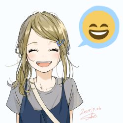 Rule 34 | 1girl, :d, ^ ^, blonde hair, blush, closed eyes, commentary request, dated, emoji, closed eyes, facing viewer, fang, grey hair, hair ornament, hairclip, highres, low ponytail, open mouth, original, sako (35s 00), short sleeves, side ponytail, signature, smile, solo, upper body