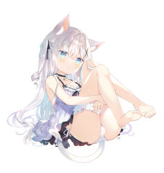 Rule 34 | 1girl, :&lt;, animal ear fluff, animal ears, babydoll, bare arms, bare legs, bare shoulders, barefoot, bell, black choker, black ribbon, blue bow, blue eyes, blush, bow, cat ears, cat girl, cat tail, choker, closed mouth, collarbone, commentary request, full body, grey hair, hair between eyes, hair ornament, hair ribbon, hugging own legs, jingle bell, knees up, looking at viewer, neck bell, original, panties, ribbon, side-tie panties, simple background, solo, tail, tail bow, tail ornament, two side up, underwear, white background, white panties, x hair ornament, yuizaki kazuya