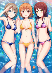 Rule 34 | 10s, 3girls, adapted costume, afloat, ahoge, bikini, blue eyes, blush, braid, breasts, brown eyes, brown hair, frilled bikini, frills, front-tie top, girl sandwich, groin, hair ornament, highres, holding hands, long hair, looking at viewer, love live!, love live! sunshine!!, medium breasts, morerin, multiple girls, navel, open mouth, orange hair, partially submerged, red eyes, red hair, sakurauchi riko, salute, sandwiched, shiny skin, short hair, small breasts, smile, striped bikini, striped clothes, swimsuit, takami chika, thigh gap, watanabe you, water, yellow eyes