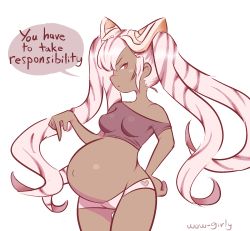 Rule 34 | 1girl, blush, breasts, dark skin, drill hair, english text, fire emblem, hair ornament, heart, highres, laevateinn (fire emblem), looking at viewer, medium breasts, midriff, navel, nintendo, nose blush, off shoulder, outie navel, pink eyes, pink hair, pointing, pointing at self, pregnant, profile, quad drills, quad tails, shorts, simple background, thigh gap, wow-girly