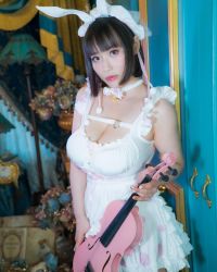 Rule 34 | 1girl, breasts, brown eyes, brown hair, collar, dress, fake bunny ears, female focus, headband, highres, holding, holding instrument, instrument, large breasts, looking at viewer, medium hair, model, photo (medium), real life, shibuya kaho, smile, solo, violin, white dress, white headband