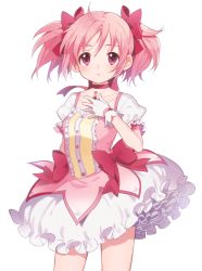 Rule 34 | 1girl, arm behind back, booota, bubble skirt, choker, collarbone, cowboy shot, floating hair, gloves, hair ribbon, hand on own chest, kaname madoka, magical girl, mahou shoujo madoka magica, mahou shoujo madoka magica (anime), pink eyes, pink hair, ribbon, short hair, skirt, solo, twintails, white background, white gloves