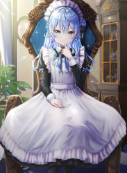Rule 34 | 1girl, absurdres, apron, black dress, blue eyes, blue hair, blue ribbon, blush, commentary request, dress, earrings, finger to mouth, finger to own chin, fingernails, hair bun, hand on own thigh, highres, hololive, hoshimachi suisei, jewelry, juliet sleeves, long dress, long hair, long sleeves, looking at viewer, maid, maid apron, maid headdress, neck ribbon, on chair, portrait, puffy sleeves, resolution mismatch, revision, ribbon, side bun, single side bun, sitting, smile, solo, source larger, star (symbol), star in eye, symbol in eye, victorian maid, virtual youtuber, wajuniorbox, white apron