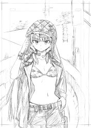 Rule 34 | 1girl, absurdres, adjusting clothes, adjusting headwear, ammunition belt, arm up, aviator cap, belt, bikini, bikini under clothes, blunt bangs, breasts, camouflage, camouflage bikini, closed mouth, collarbone, cowboy shot, greyscale, hair tie, hand on own hip, hat, highres, jacket, kojima takeshi, long hair, looking at viewer, monochrome, navel, open clothes, open jacket, original, pants, pouch, short sleeves, sidelocks, sketch, small breasts, solo, stomach, string bikini, sweatband, swimsuit, thigh pouch, thigh strap, traditional media, very long hair, watch, wristwatch
