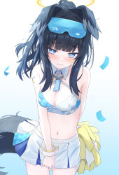 Rule 34 | 1girl, absurdres, animal ears, bare shoulders, black hair, blue archive, blue eyes, blush, breasts, cheerleader, clothes pull, confetti, cpk prd, crop top, dog ears, dog girl, dog tail, eyewear on head, goggles, goggles on head, halo, hibiki (blue archive), hibiki (cheer squad) (blue archive), highres, holding, holding pom poms, long hair, looking at viewer, medium breasts, millennium cheerleader outfit (blue archive), miniskirt, navel, official alternate costume, pom pom (cheerleading), pom poms, ponytail, skirt, skirt pull, solo, star sticker, sticker on arm, sticker on face, tail, tail under clothes, text print, yellow halo