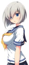 Rule 34 | 1girl, blue eyes, blue sailor collar, breasts, commentary request, cowboy shot, eyes visible through hair, gloves, grey skirt, hair ornament, hair over one eye, hairclip, hamakaze (kancolle), hand on own chest, kantai collection, large breasts, looking at viewer, neckerchief, odawara hakone, pleated skirt, sailor collar, school uniform, serafuku, short hair, short sleeves, silver hair, simple background, skirt, solo, standing, white background, white gloves, yellow neckerchief