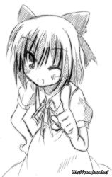 Rule 34 | 1girl, blush, bow, cirno, embodiment of scarlet devil, face, female focus, greyscale, hair bow, hand on own hip, looking at viewer, monochrome, one eye closed, open mouth, ryuuryuu, short hair, simple background, sketch, smile, solo, touhou, white background, wink