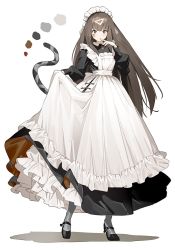 Rule 34 | 1girl, apron, black dress, black footwear, bright pupils, brown hair, cat tail, collared dress, commentary request, commission, dot nose, dress, facial tattoo, grey legwear, hand up, high heels, highres, long dress, long hair, long sleeves, looking at viewer, maid, maid apron, maid headdress, meido-fuku ga mitai, original, petticoat, puffy long sleeves, puffy sleeves, simple background, skeb commission, skirt hold, solo, tail, tattoo, white background, white pupils