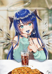Rule 34 | 1girl, :d, apple pie, aqua eyes, arknights, bare shoulders, blue hair, blue tongue, blurry, blurry background, blush, colored tongue, commentary request, cup, drinking glass, drinking straw, earrings, food, forked tongue, glint, hair ornament, hairclip, halo, hands up, head tilt, highres, holding, horns, ice, ice cube, jewelry, long hair, long sleeves, looking at viewer, mostima (arknights), noixen, off-shoulder shirt, off shoulder, open mouth, pie, piercing, shirt, smile, solo, tongue, tongue piercing, upper body