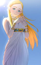 Rule 34 | 1girl, blonde hair, bracelet, breasts, commentary request, dress, green eyes, grin, hair behind ear, highres, jewelry, jimaku, lens flare, long hair, nintendo, pointy ears, princess zelda, small breasts, smile, solo, steepled fingers, strapless, strapless dress, the legend of zelda, the legend of zelda: breath of the wild, triforce, upper body, white dress