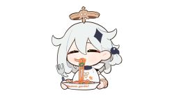 Rule 34 | 1girl, alternate hairstyle, chibi, closed eyes, eating, genshin impact, hair ornament, halo, highres, long sleeves, mechanical halo, official art, paimon (genshin impact), paimon genshin7, plate, short hair, white hair