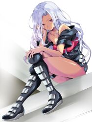 1girl absurdres ain_(megami_tensei) bare_shoulders boots commission commissioner_upload crossed_legs dark_skin hand_on_own_cheek hand_on_own_face highres iwashi_dorobou_-r- megami_tensei non-web_source pink_eyes shin_megami_tensei sitting skeb_commission smile thighs white_background white_hair