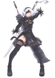 Rule 34 | 1girl, android, black gloves, black skirt, black thighhighs, boots, breasts, feather-trimmed sleeves, gloves, highres, juliet sleeves, katana, long sleeves, medium breasts, nier (series), nier:automata, puffy sleeves, short hair, silver hair, sitting, skirt, solo, sword, thigh boots, thighhighs, thighhighs under boots, weapon, 2b (nier:automata)