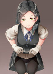 Rule 34 | 1girl, bike shorts, black hair, black shorts, blue ribbon, buttons, closed mouth, clothes lift, commentary request, cowboy shot, gloves, gradient background, green eyes, grey skirt, grey vest, hair ornament, hairclip, highres, kamelie, kantai collection, kuroshio (kancolle), kuroshio kai ni (kancolle), lifted by self, looking at viewer, neck ribbon, pleated skirt, revision, ribbon, shirt, short hair, short sleeves, shorts, shorts under skirt, simple background, skirt, skirt lift, smile, solo, standing, vest, white gloves, white shirt, yellow eyes