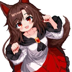 Rule 34 | 1girl, 999 (hansode), :d, animal ears, blush, brown hair, collarbone, commentary request, dress, fang, feet out of frame, fingernails, frilled dress, frills, from above, highres, imaizumi kagerou, long hair, long sleeves, looking at viewer, medium bangs, open mouth, parted bangs, pixel art, red brooch, red dress, red eyes, red nails, sharp fingernails, simple background, skin fang, smile, solo, tail, touhou, two-tone dress, very long hair, white background, white dress, wolf ears, wolf girl, wolf tail